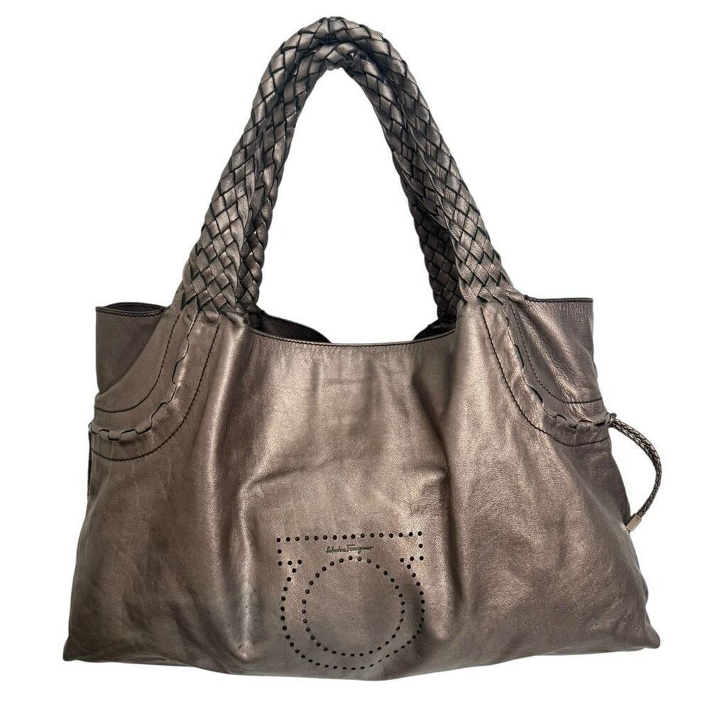 Salvatore Ferragamo Authentic Women's Metallic Gancini Leather Hobo Tote Bag